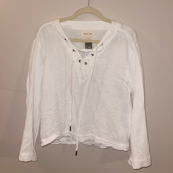 CLOTH & STONE Sz S BELL SLEEVE LACE UP PULLOVER BLOUSE WHITE - Picture 2 of 5